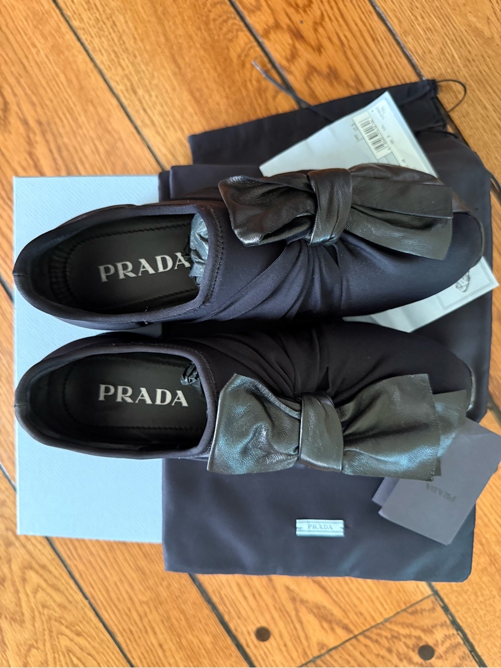 Prada Black Satin Slip-On Sneakers with Metallic Black Bow New - Picture 3 of 5